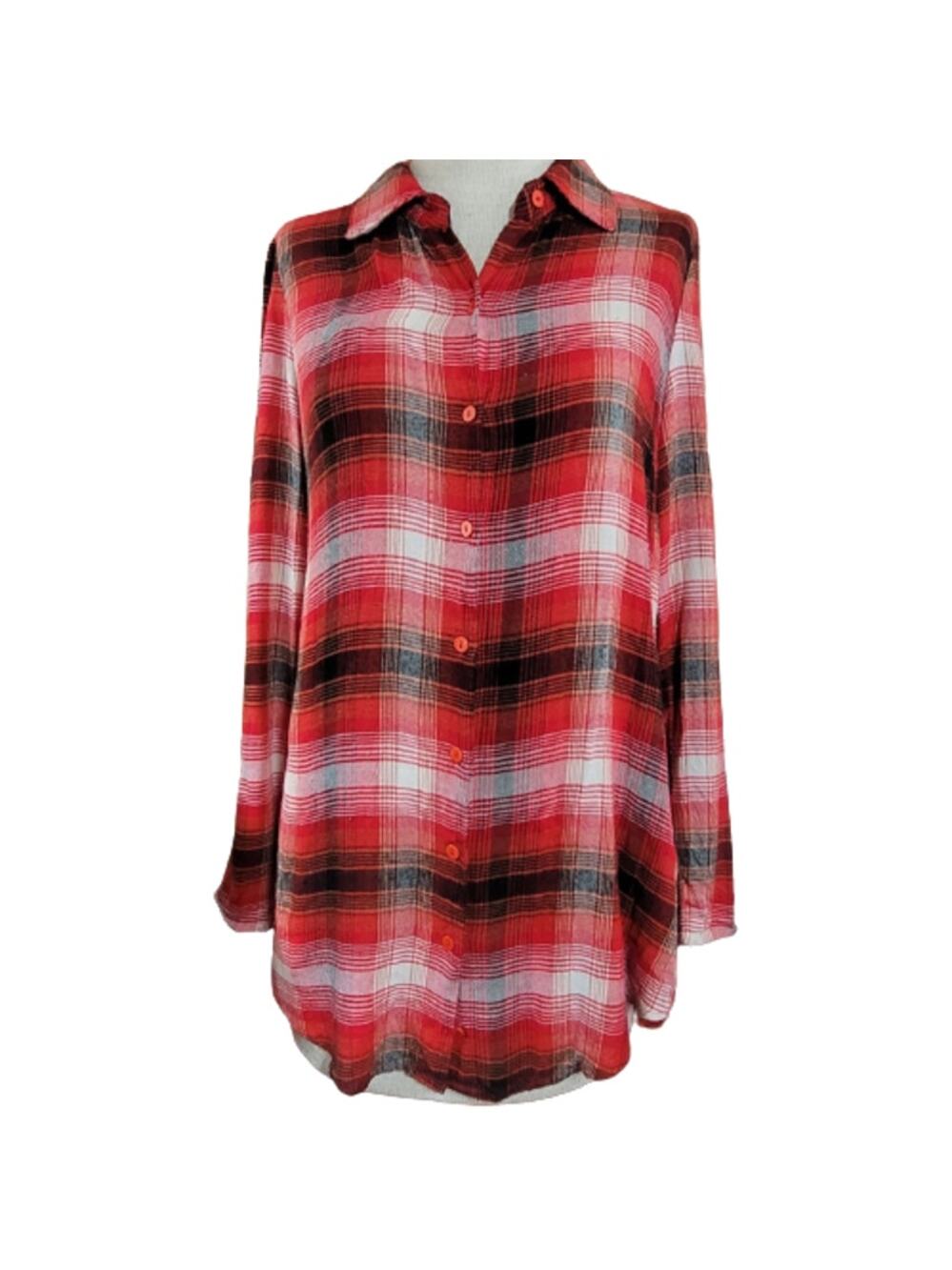 Red and Black Plaid Long Flowy Button Up Flannel Shirt Size Small